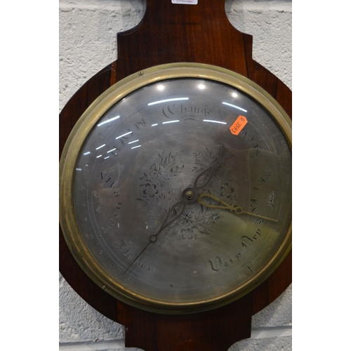 1249 - A GEORGIAN ROSEWOOD BANJO BAROMETER, with silvered dial and thermometer plate and a plaque stating M... 