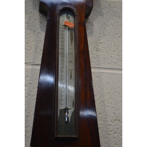 1249 - A GEORGIAN ROSEWOOD BANJO BAROMETER, with silvered dial and thermometer plate and a plaque stating M... 