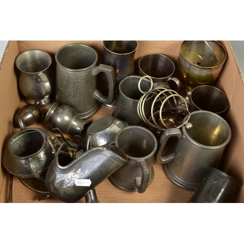 125 - A BOX OF SILVER PLATE AND PEWTER, including tankards, goblets, etc