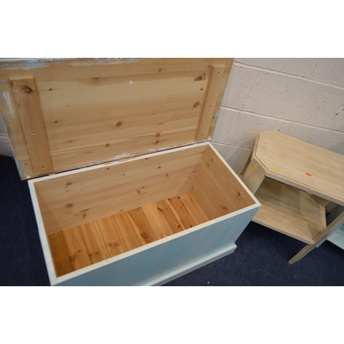 1252 - THREE ITEMS OF PAINTED OCCASIONAL FURNITURE including a pine blanket box width 91cm x depth 46cm x h... 