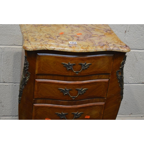 1254 - A REPRODUCTION LOUIS IV STYLE KINGWOOD FINISH SERPENTINE CHEST OF FIVE DRAWERS, seperate veined fawn... 