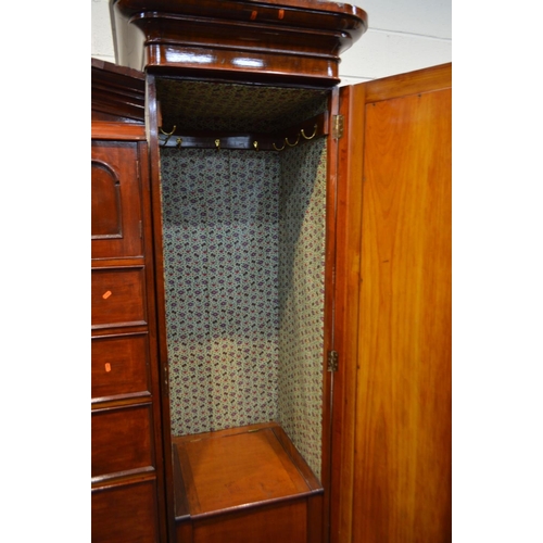 1255 - A VICTORIAN MAHOGANY COMPACTUM TRIPLE SECTION WARDROBE, the two outer sections with individual corni... 