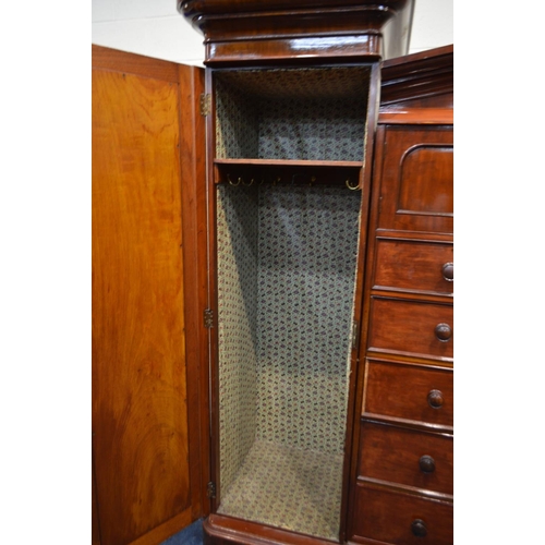 1255 - A VICTORIAN MAHOGANY COMPACTUM TRIPLE SECTION WARDROBE, the two outer sections with individual corni... 