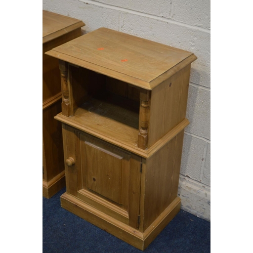 1256 - A PAIR OF PINE BEDSIDE CABINETS with single cupboard doors, width 46cm x depth 32cm x height 76cm