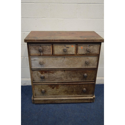 1261 - A DISTRESSED WALNUT CHEST OF THREE SHORT OVER THREE LONG DRAWERS, with turned handles, width 106cm x... 