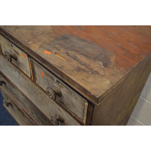 1261 - A DISTRESSED WALNUT CHEST OF THREE SHORT OVER THREE LONG DRAWERS, with turned handles, width 106cm x... 