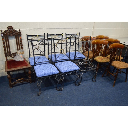 1262 - AN EARLY 20TH CENTURY CARVED OAK HALL CHAIR (sd) together with six metal framed chairs (one seat pad... 