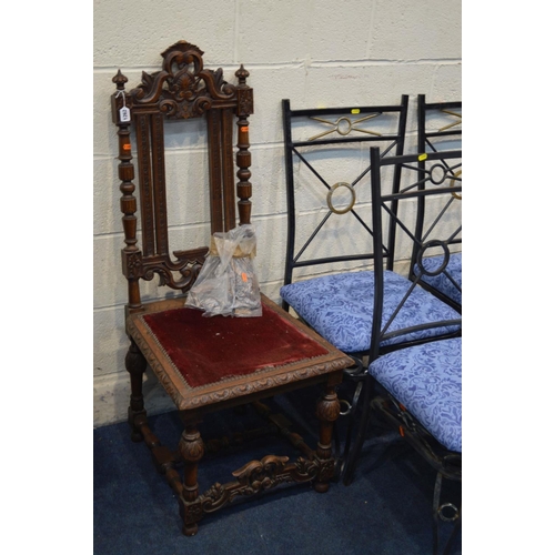 1262 - AN EARLY 20TH CENTURY CARVED OAK HALL CHAIR (sd) together with six metal framed chairs (one seat pad... 