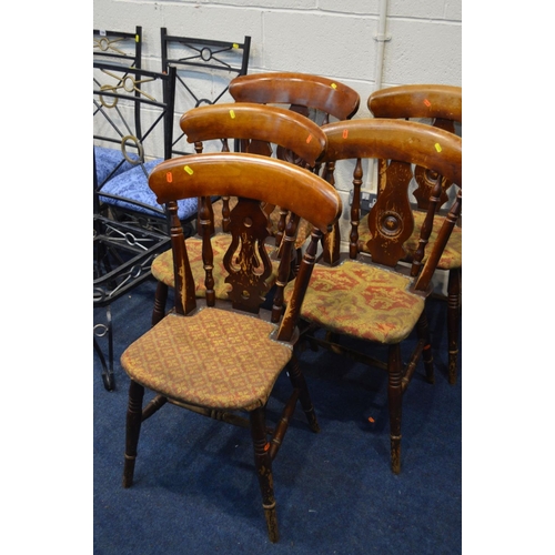 1262 - AN EARLY 20TH CENTURY CARVED OAK HALL CHAIR (sd) together with six metal framed chairs (one seat pad... 