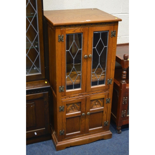 1265 - AN OLD CHARM OAK LEAD GLAZED TWO DOOR HI FI CABINET, width 55cm x depth 49cm x height 115cm, togethe... 