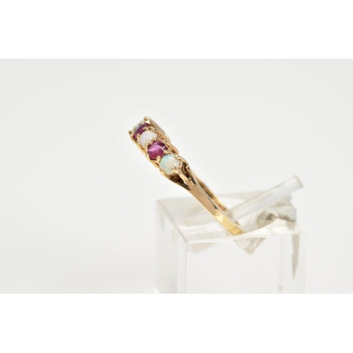 127 - A 9CT GOLD RUBY AND OPAL RING, set with four cabochon opals, interspaced with three circular cut rub... 