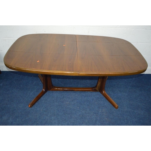 1270 - SVEND A MADSEN DANISH ROSEWOOD DINING TABLE, rounded ends on triple framed legs, two additional leav... 