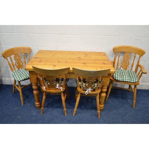 1279 - A MODERN PINE KITCHEN TABLE, length 122cm x depth 78cm x height 78cm and four beech chairs including... 