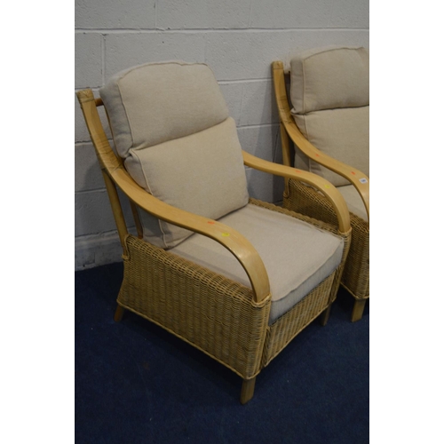 1281 - A MODERN WICKER AND BEECH THREE PIECE CONSERVATORY SUITE, with removable cream cushions, comprising ... 