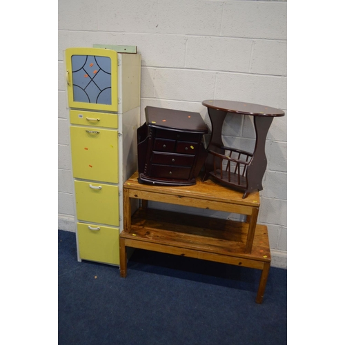 1282 - A TALL SLIM YELLOW PAINTED KITCHEN CABINET, together with two pitch pine coffee tables and two magaz... 