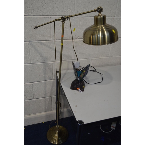 1283 - A TIFFANY STYLE BUTTERFLY TABLE LAMP together with a modern brassed standard lamp (2)