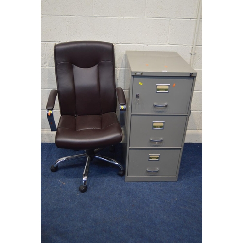 1284 - A METAL THREE DRAWER FILING CABINET (key) together with an office swivel chair (2)