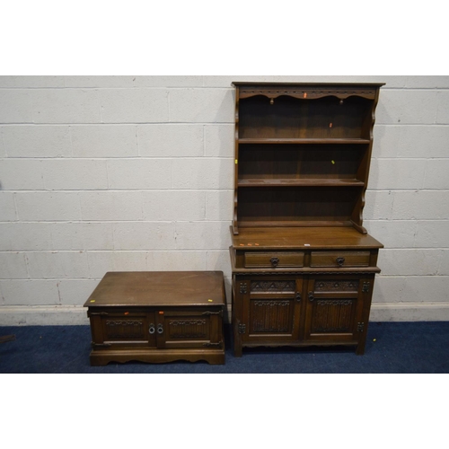 1290 - AN OLD CHARM OAK LINENFOLD DRESSER, with two drawers, width 93cm x depth 44cm x height 176cm and a t... 