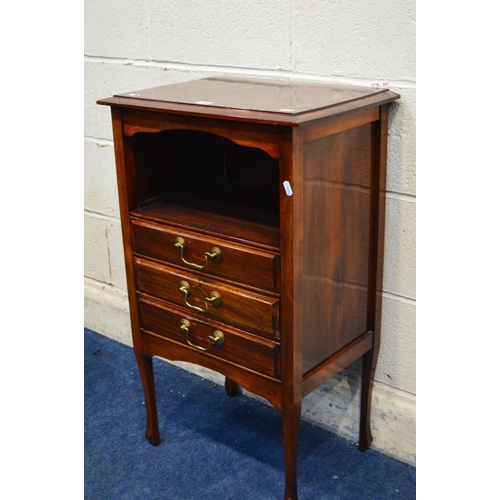 1299 - AN EDWARDIAN MAHOGANY THREE DRAWER MUSIC CABINET, width 50cm x depth 35cm x height 83cm