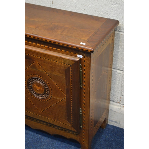 1301 - A LOW EARLY 20TH CENTURY OAK AND STRUNG INLAID FRENCH TWO DOOR CABINET, width 124cm x depth 31cm x h... 