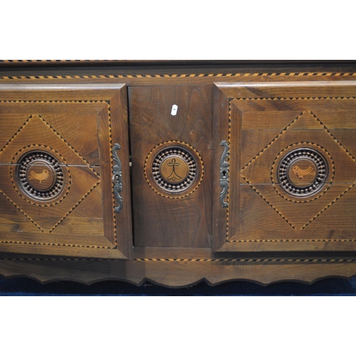 1301 - A LOW EARLY 20TH CENTURY OAK AND STRUNG INLAID FRENCH TWO DOOR CABINET, width 124cm x depth 31cm x h... 