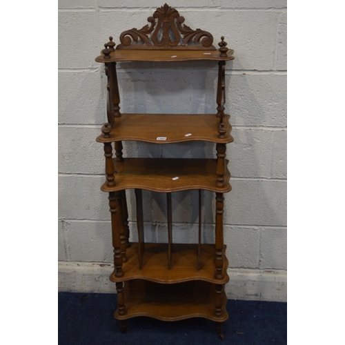 1303 - A WALNUT SERPENTINE FIVE TIER WHAT NOT, width 49cm x depth 28cm x height 131cm (loose top)