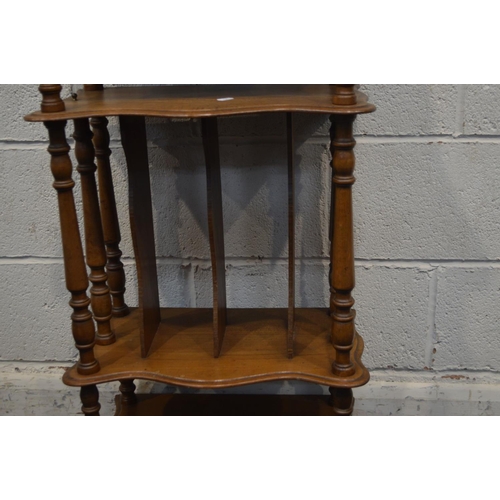 1303 - A WALNUT SERPENTINE FIVE TIER WHAT NOT, width 49cm x depth 28cm x height 131cm (loose top)