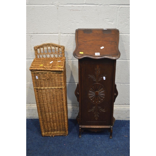 1304 - A FRENCH CARVED OAK BAGUETTE BOX together with a wicker baguette box (2)