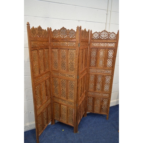 1310 - AN ANGLO INDIAN HARDWOOD FOUR FOLD FLOOR STANDING SCREEN, each panel width 51cm x overall width 204c... 