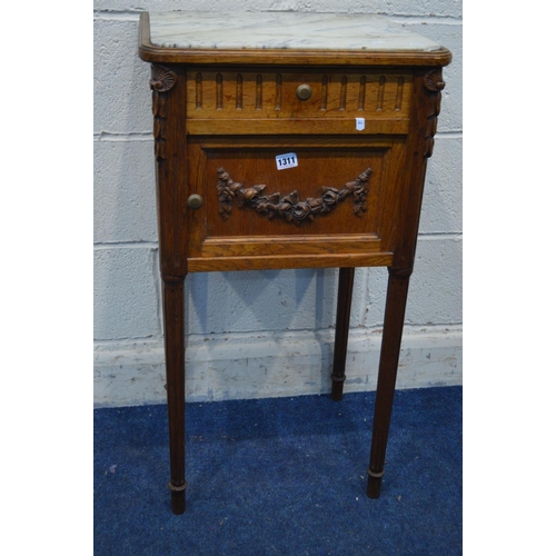 1311 - AN EARLY 20TH CENTURY OAK POT CUPBOARD, with white veined marble top, single drawer and ceramic inte... 