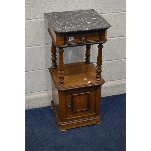 1313 - AN EARLY 20TH CENTURY WALNUT POT CUPBOARD, black veined marble top with a single drawer, 40cm square... 