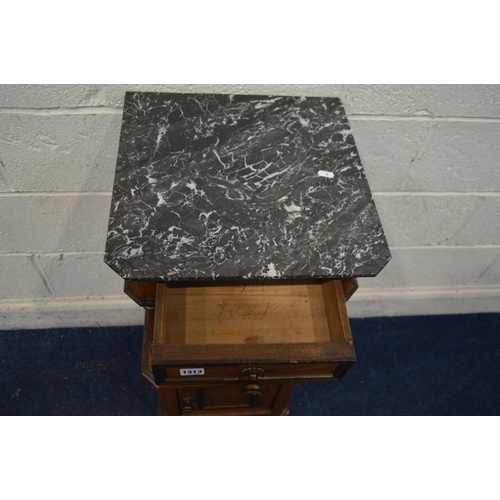 1313 - AN EARLY 20TH CENTURY WALNUT POT CUPBOARD, black veined marble top with a single drawer, 40cm square... 