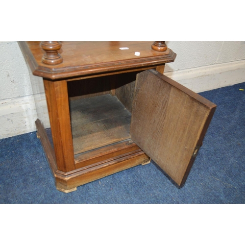 1313 - AN EARLY 20TH CENTURY WALNUT POT CUPBOARD, black veined marble top with a single drawer, 40cm square... 