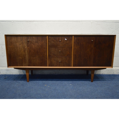 1317 - A MID 20TH CENTURY VANSON TEAK SIDEBOARD, two double bi fold doors flanking three drawers, on taperi... 