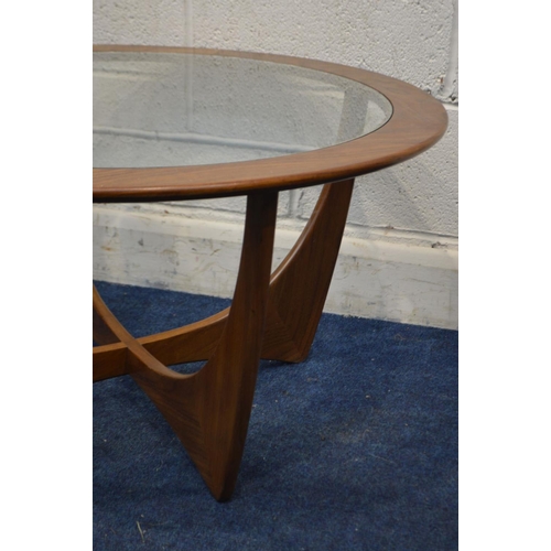 1318 - A G PLAN ASTRO CIRCULAR TEAK COFFEE TABLE, with a glass insert, diameter 84cm x height 46cm