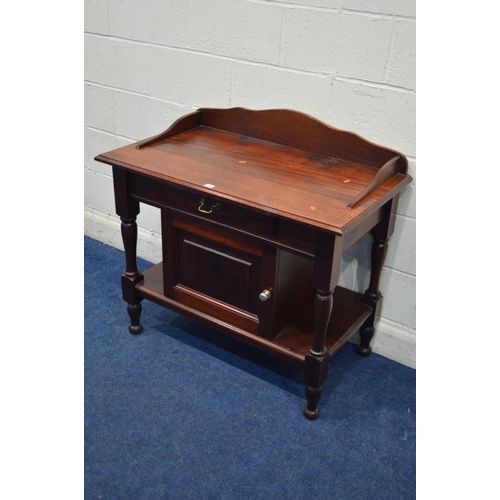 1320 - A MODERN HARDWOOD WASHSTAND with raised back and sides, dummy drawer and a single cupboard door, wid... 