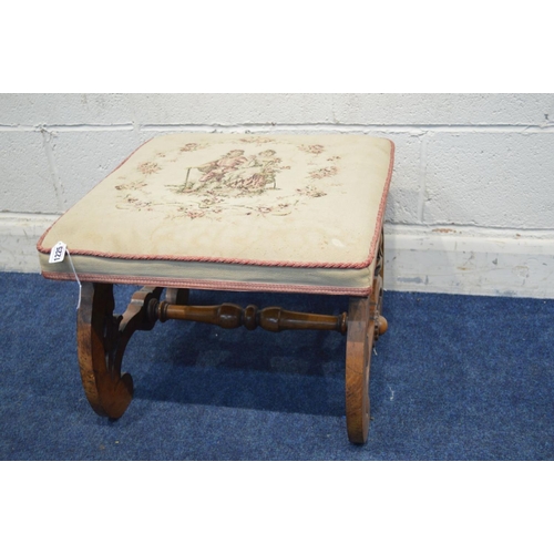 1321 - A LATE VICTORIAN WALNUT CROSS FRAMED FOOTSTOOL with needlework top, 52cm squared x height 41cm