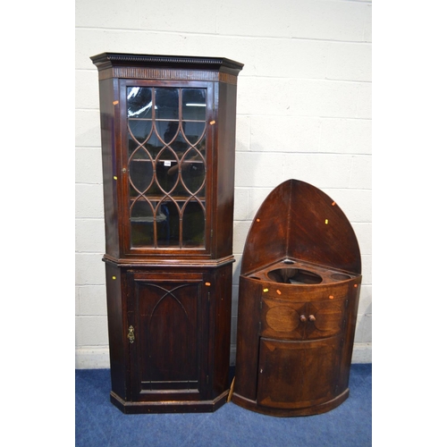 1325 - A GEORGIAN MAHOGANY ASTRAGAL GLAZED SINGLE DOOR CORNER CUPBOARD, ona later pine base, width 78cm x d... 