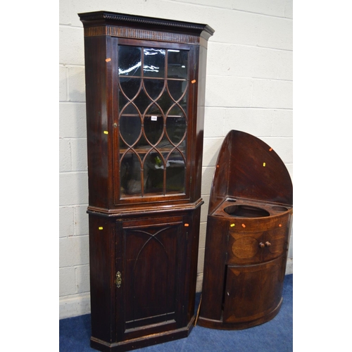 1325 - A GEORGIAN MAHOGANY ASTRAGAL GLAZED SINGLE DOOR CORNER CUPBOARD, ona later pine base, width 78cm x d... 