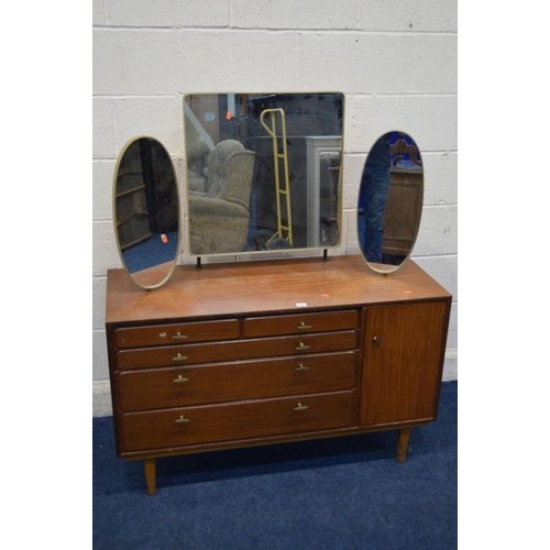 1328 - A 1950/60'S TEAK DRESSING CHEST, with triple mirrors, four graduating drawers flanked by a single cu... 