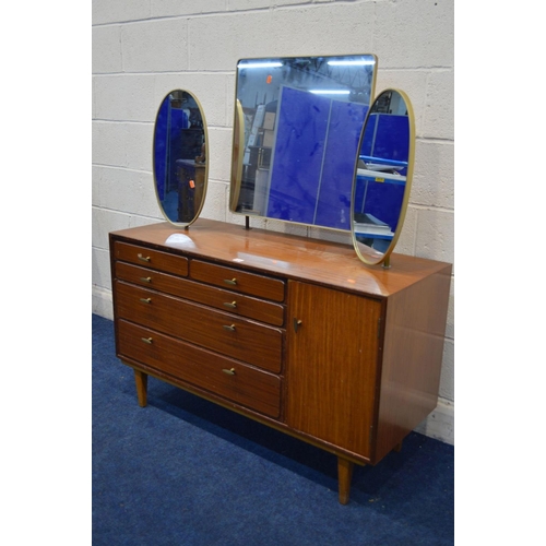 1328 - A 1950/60'S TEAK DRESSING CHEST, with triple mirrors, four graduating drawers flanked by a single cu... 