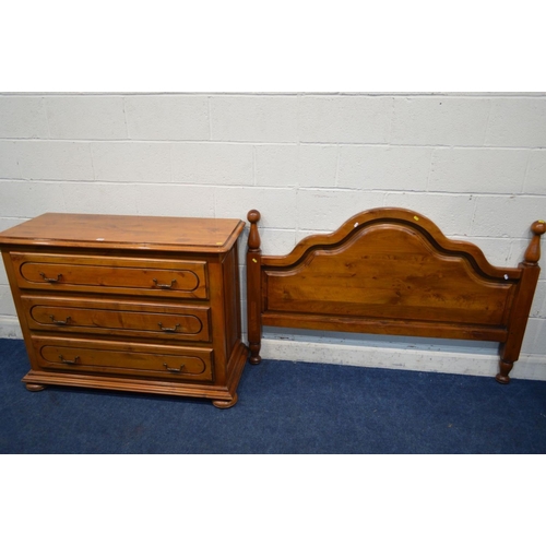 1329 - A MODERN CHERRYWOOD CHEST OF THREE LONG DRAWERS, width 119cm x depth 46cm x height 89cm and a matchi... 