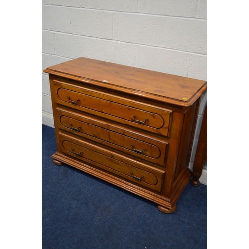 1329 - A MODERN CHERRYWOOD CHEST OF THREE LONG DRAWERS, width 119cm x depth 46cm x height 89cm and a matchi... 