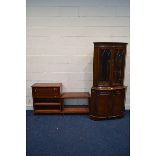 1335 - A REPRODUCTION MAHOGANY GLAZED DOUBLE DOOR CORNER CUPBOARD (key) )sd) and two mahogany cabinets (3)