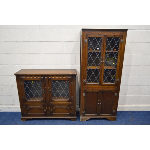 1338 - A MID 20TH CENTURY OAK LEAD GLAZED TWO DOOR BOOKCASE, width 73cm x depth 34cm x height 173cm and a s... 