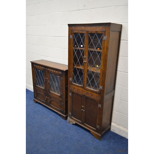 1338 - A MID 20TH CENTURY OAK LEAD GLAZED TWO DOOR BOOKCASE, width 73cm x depth 34cm x height 173cm and a s... 