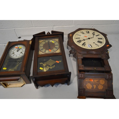 1347 - A DISTRESSED MAHOGANY DROP DIAL WALL CLOCK, together with two mahogany wall clocks (sd and losses) (... 