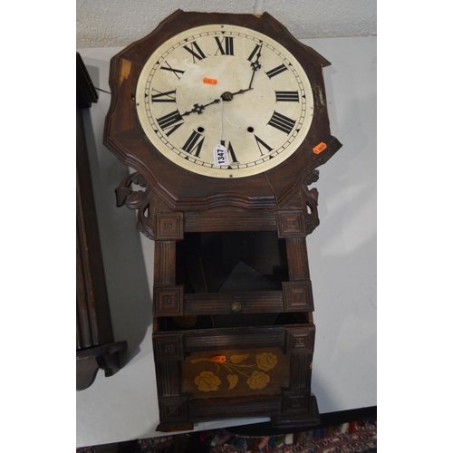 1347 - A DISTRESSED MAHOGANY DROP DIAL WALL CLOCK, together with two mahogany wall clocks (sd and losses) (... 