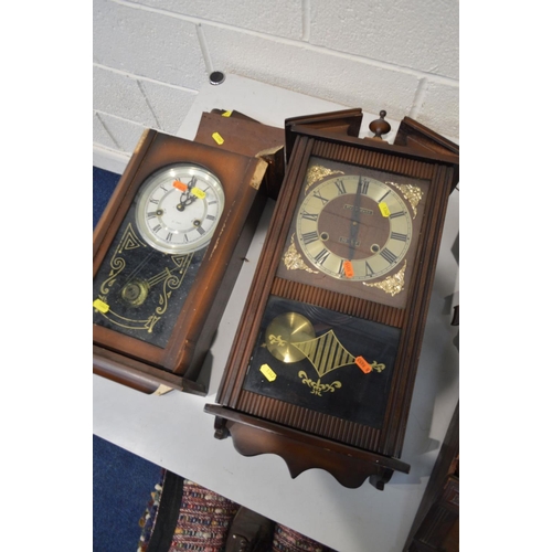 1347 - A DISTRESSED MAHOGANY DROP DIAL WALL CLOCK, together with two mahogany wall clocks (sd and losses) (... 