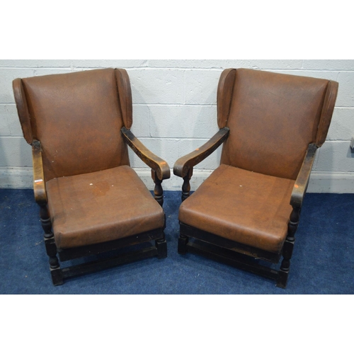 1353 - A PAIR OF MID 20TH CENTURY OAK FRAMED FIRESIDE CHAIRS (sd)